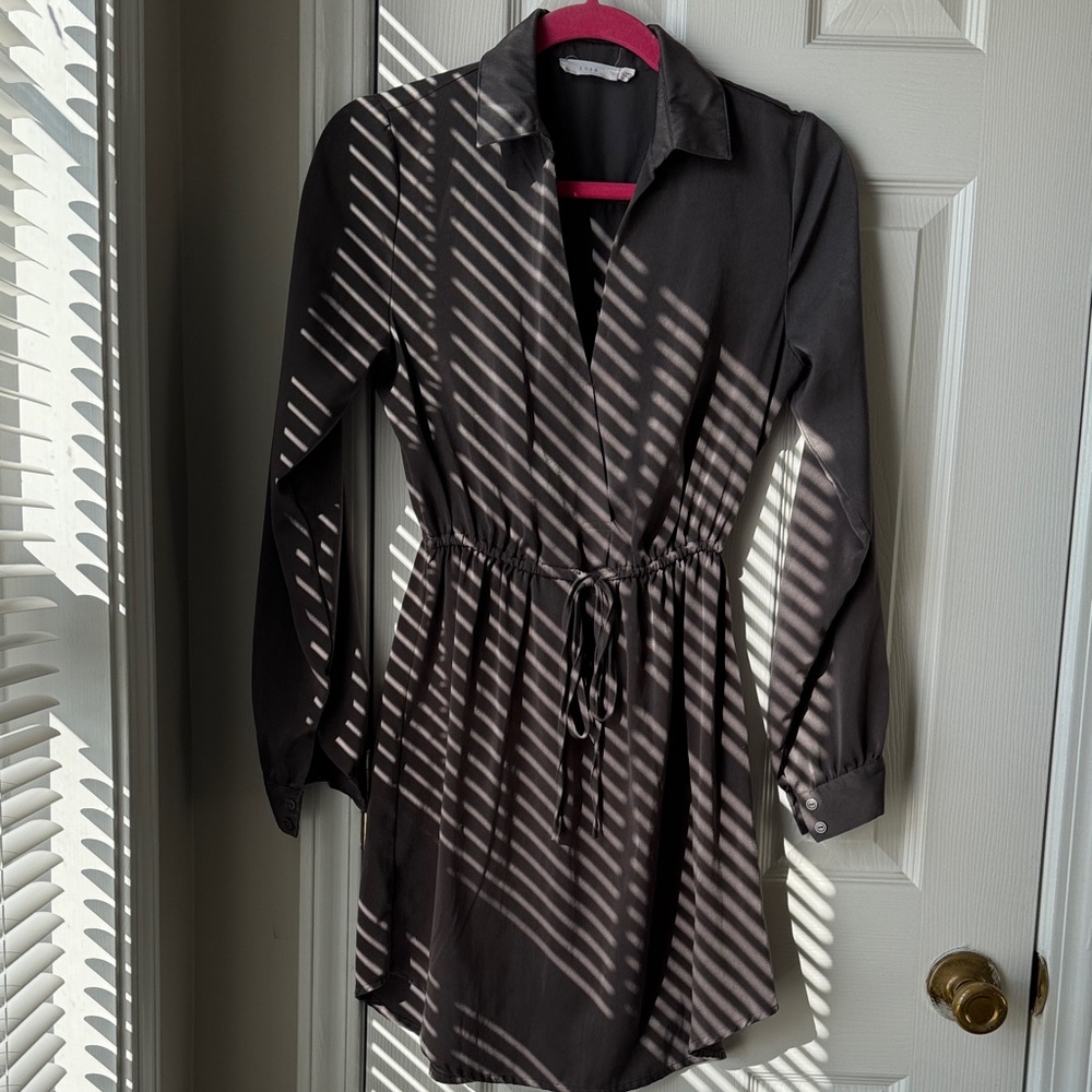 Grey Long Sleeve Dress with Drawstring Waist